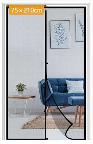 Yotache Fliegengitter Balkontür Magnet 75x210cm Insektenschutz Balkontür Ohne Bohren mit Stollen und Klettverschluss für Haus und Terrasse, Schwarz