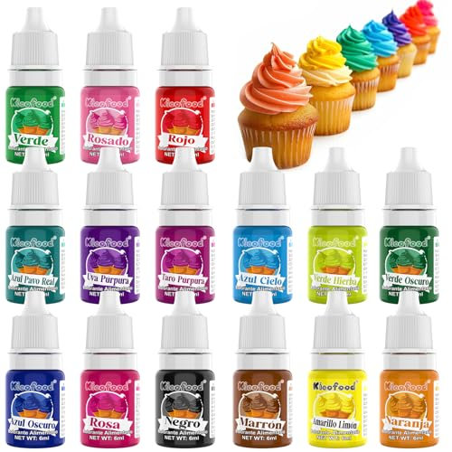 Colorante Alimentario en Gel - 15 Colores Conjunto de Colorante Alimenticio, Juego de Colorante Alimentario de Pastel Líquido Concentrado para Hornear, Decorar, Fondant, Cocinar, Icing - 6ml