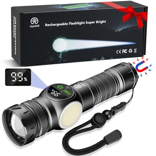 Jayxinli Torches LED Super Bright with Magnetic, 500000 Lumens High Power Rechargeable Torch with LCD Digital Display, Powerful Torch with 9 Light Modes and Zoom for Camping (with 5000mAh Battery)
