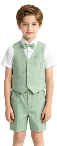 LOLANTA 4 pièces Costume Garcon Mariage Ete, Tenue Enfant Garcon Ceremonie, Vêtement Baptême Anniversaire Garçon Page, Ensemble Costume Short Lin Gile Chemise avec nœud Papillon