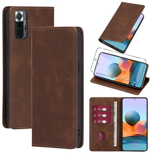 Vauki Funda Cuero para Xiaomi Redmi Note 10 Pro 4G con 1 Cristal Templado Carcasa PU Tipo Cartera Soporte Tarjetas Case Soporte Plegable Tapa Libro Movil Flip Caso para 6.67 Marrón