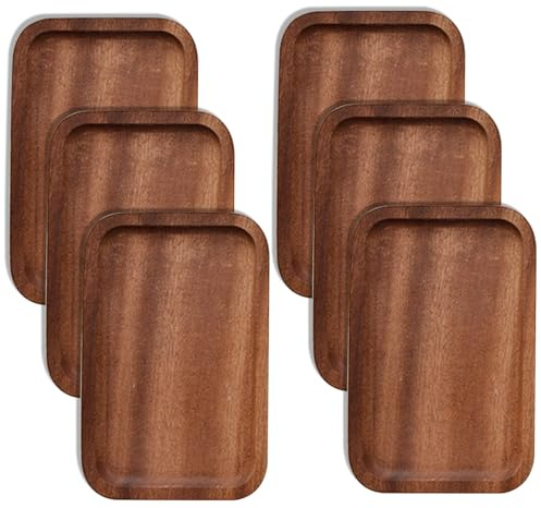 Paquete de 6 platos de madera maciza y bandejas de madera natural con borde, rectangulares para evitar deslizamientos y derrames de alimentos