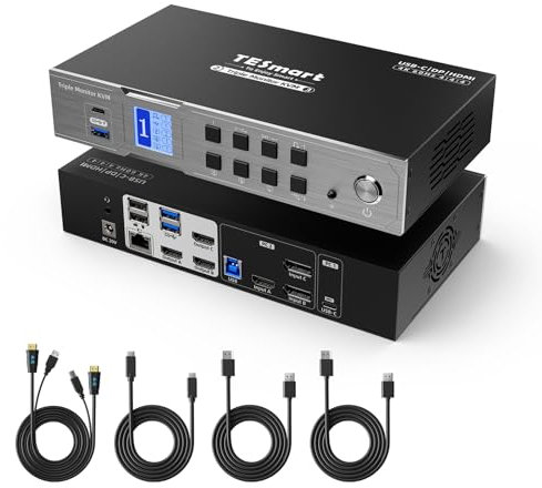 TESmart USB-C HDMI+DisplayPort KVM Switch, KVM for 3 Monitors 2 Computers with MST, EDID, 4K@60Hz USB 3.0 KVM Docking Station, Charging for Laptop, 1G Ethernet, Hotkey, for Laptop/Desktop(HDC203-P24)