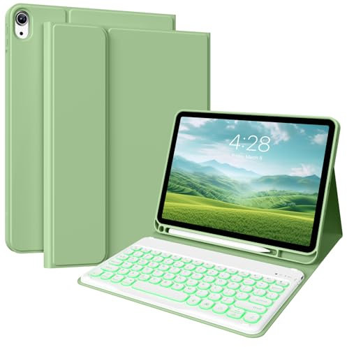 ZKTUYU Backlit Keyboard Case For iPad 11th /10th Generation 11 inch /10.9 inch 2025 2022 (A16) with Pencil Holder, Magnetic Detachable Wireless Bluetooth Folio Stand Keyboard Cover, Green