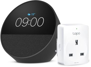 Echo Spot | Black + TP-Link Tapo P110M Smart Plug with Energy Monitoring, Works with Alexa - Smart Home Starter Kit