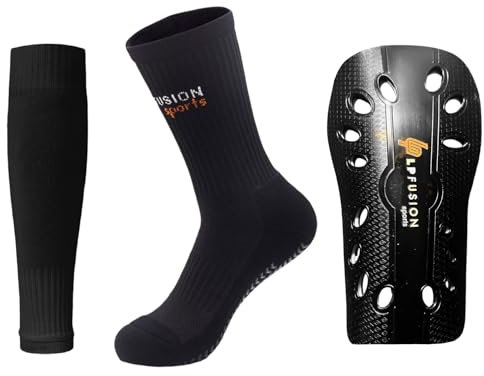 LP Fusion EvoSport Football Set - Anti-Slip Socks, Breathable Sleeve Socks, and Durable Shin Pads - High Performance Sports Gear (DE/NL/SE/PL, Alphanumerisch, L, XL, Regular, Regular, Black)