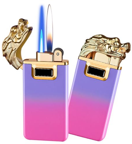 Briquet Jet Dual Flame Dragon - Réglable Coupe-Vent avec Jet Commutable et Flamme Douce - Rechargeable Butane pour Extérieur Intérieur (gaz non inclus) - Rose Violet