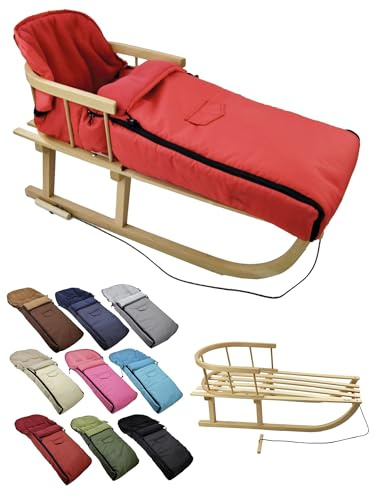 BambiniWelt Holzschlitten mit Rückenlehne & Zugseil + Winterfußsack 108 cm – warmes Thermofleece, wasserabweisend – Kombi-Set für Kinderwagen & Buggy, Farbe: rot