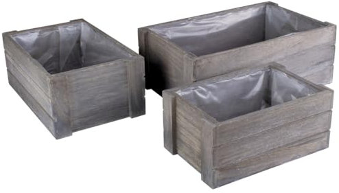 Juego de 3 cajas de madera vintage rectangulares – Jardinera gris con lámina, ideal para plantas de interior, decoración y almacenamiento – Maceta de estilo rústico, caja de madera en 3 tamaños como