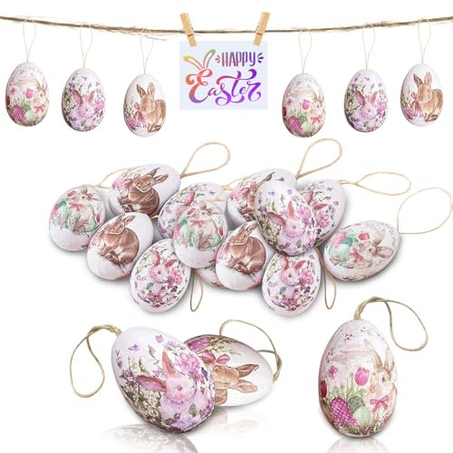 24 Pezzi Uova di Pasqua Decorative, Pasqua Decorazioni per Albero di Pasqua, Ovetti Pasquali da Appendere, Ovetti Pasqua Multicolore, Decorazioni Pasquali Pattern di Conigli e Fiori Idee Regalo (A)