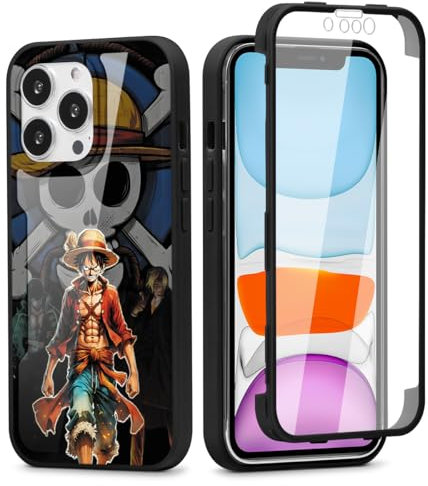 PBNDJVG for iPhone 15 PRO 6.1'' Case, OP Luffy 360° Full Body with Built-in Screen Protector Touch Sensitive, Shockproof Soft TPU Bumper Phone Case Clear Designed for Anime Lovers - Black