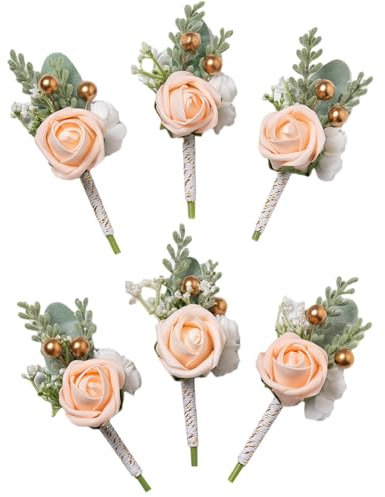 Meldel Champagner-Boutonniere für Herren, Hochzeit, 6er-Set, Bräutigam, Bräutigam, Bräutigam, Boutonniere für Hochzeit, Abschlussball, Zeremonie, Jahrestag, Party, Heimkehr, Abschlussfeier