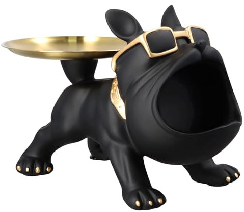 FranzöSische Bulldogge Tablett Deko, Bulldogge Statue Schlüsselschale Aufbewahrungs, Bulldogge Tablett Deko, Modern SchlüSselschale Hund Skulptur für Wohnzimmer, Eingangsbereich, Büro (Schwarz)