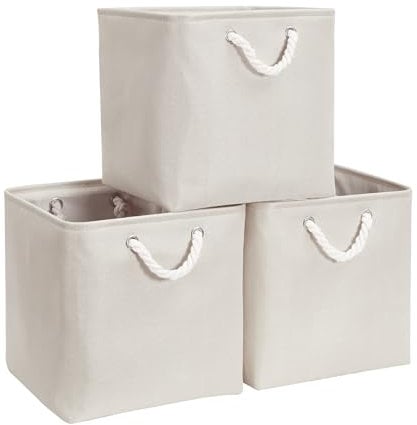 Mangata Aufbewahrungsbox 25x25x25 cm, Aufbewahrungskorb mit Griff, Aufbewahrung Korb Stoff für Regal, Schrank, und Kleidung (Faltbare, Helles Khaki, 3er Set)