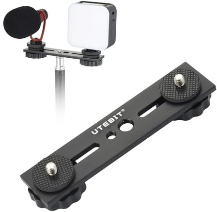 UTEBIT Dual Blitzhalterung 5 Zoll, Aluminium Blitzschiene mit 1/4 und 3/8 Schraube Kamera Flash Bracket mit Doppel Blitzschuh für DSLR Kamera, LED Licht, Mikrofon, Stativ Zubehör
