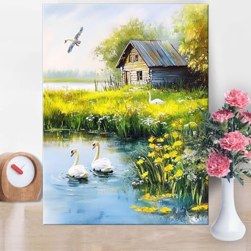 Malen Nach Zahlen Erwachsene Teich,Malen Nach Zahlen Schwan Paint by Numbers DIY Handgemalt Ölgemälde Kit Mit Pinseln und Acrylfarbe Knitterfreie Leinwand Kit für Wanddeko Frau Geschenk 60x90cm W1-949