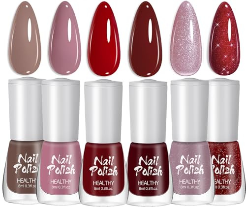 Nail Polish Set,6 Colors Winter Red Glitter Long Lasting Quick Dry Nail Varnish,Holographic Nail Polish Gel,Water Based Natural Nail Varnish Sets for Women DIY Nail Art - No Need Cure