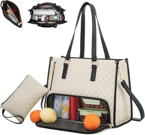 HoldOneLight Borsa tote 2 in 1 da donna, borsa per laptop da 15,6 pollici con scomparto termico per il pranzo, borsa trapuntata per computer di grande capacità con borsa, bianco, L