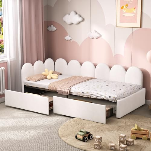 Merax 3FT Single Velvet Daybed with 2 Storage Drawers, 90x190cm Modern Youth Sofa Bed Frame with Wooden Slats for Living Room/Bedroom/Study, Cream White, Easy Assembly (No Mattress)