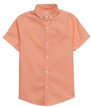 Enorsia Boys Short Sleeve Oxford Shirt - Stretch Cotton Smart Casual School Uniform Top - Classic Button-Down Collar - Lightweight and Breathable Boy's Shirt for Everyday Comfort - Orange, 14 Years