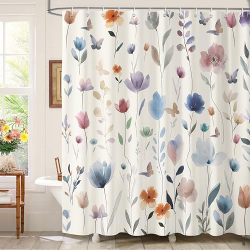 Dazzlewall Bunte Wildblumen Aquarell Duschvorhang 183x183 cm Anti-Schimmel | Leichte Gartenstimmung, wasserabweisend, schnelltrocknend, waschbar, inkl. 12 Haken, für Dusche, Wanne & Gäste-WC