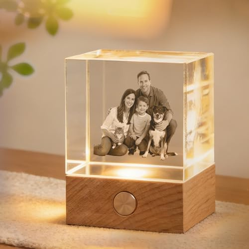 Dilamus Cube photo 3D personnalisé en cristal, cube photo 3D en cristal avec base en bois et éclairage coloré, bloc décoratif en verre gravé sur mesure, pour la famille, les enseignants