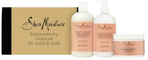 SheaMoisture Geschenkset Curl & Shine, Mit Shampoo, Conditioner und Leave-In-Creme, Bei Lockigem und Krausem Haar, Feuchtigkeit & Anti-Frizz-Effekt, Mit Kokosöl und Hibiskus, 384 ml + 384 ml + 326 ml
