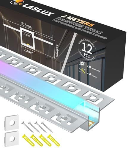 LASLUX LED Aluminium Profil 12 x 2m(24m) Aluminium Trockenbauprofil für LED Streifen bis 12mm Breite mit milchweißer PC-Abdeckung und Zubehörset(SP46)