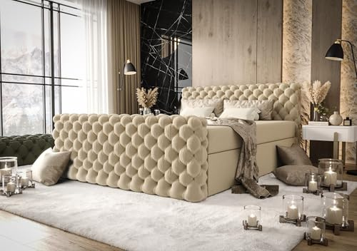 B&B HOME Boxspringbett Figo IV im Chesterfield-Stil, mit Zwei Bettkästen, Multipocket-Matratze und Topper (Beige, 160 cm x 200 cm)