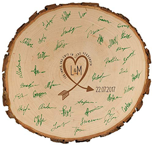 Personalisierte Baumscheibe mit Rinde | Hochzeitsgeschenk für das Brautpaar | Alternatives Gästebuch | Geschenkidee zum Hochzeitstag | Holzscheibe | Geschenk Hochzeit Boho | Mittel (18-20cm)