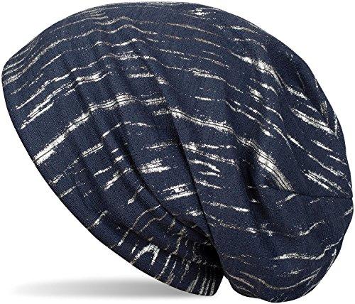 styleBREAKER Beanie Mütze mit Metallic Streifen, Slouch Longbeanie, Unisex 04024120, Farbe:Dunkelblau