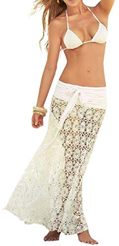 Bustier Robe de Plage Dentelle Crochet Boheme Hippie Chic Jupon Maxi Taille Haute Basique Élégante Casual Jupe de Bain Longue Cocktail Party Beachwear Cache-Maillots et Sarongs Bikini Cover Up Dress