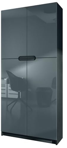 Vladon Büroschrank Logan V1, Made in Germany, Aktenschrank mit 5 Fächern und 4 Türen, Schwarz matt/Grau Hochglanz (82 x 185 x 37 cm)