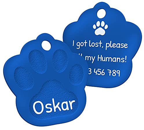 ENGRAVO Hundemarke mit Gravur in Blau 33mm | Pfote Halsbandanhänger personalisiert | Namensschild für Halsband | Anhänger Marke für Hunde, Welpen & Katzen | Dog Tag mit Wunschgravur