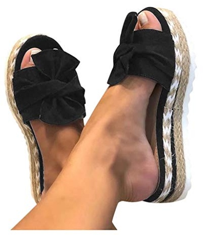 Sandales Plates Femme Bout Ouvert Pantoufles Slip-on Été Claquettes Nu Pieds Semelle Compensée Confortable Chaussures Antidérapant de Plage Wedges Platform Slipper Bohemia Beach Sandals (Noir, 37)