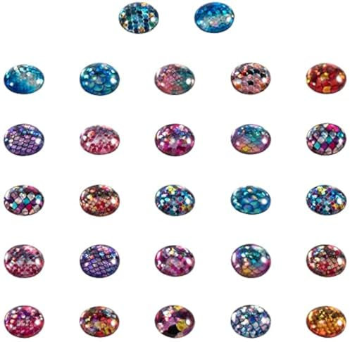 PandaHall 70pcs 35 Styles Mermaid Scales Glas Cabochons Plattfisch Haut Glas Cabochons Kuppel Edelsteine Für Foto Cameo Anhänger Schmuckherstellung Handwerk Scrapbooking (12mm)