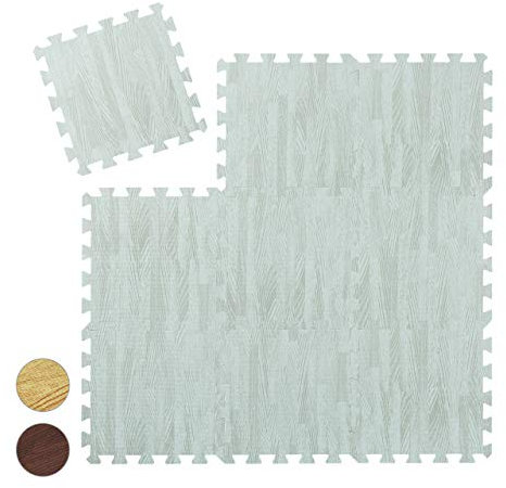 Relaxdays Unisex – Erwachsene Bodenschutzmatte, 9 Puzzlematten f. Sport & Fitnessgeräte, 0,85 m², Eva Schaumstoff, BPA-frei, Holzoptik, weiß, 9 Stück