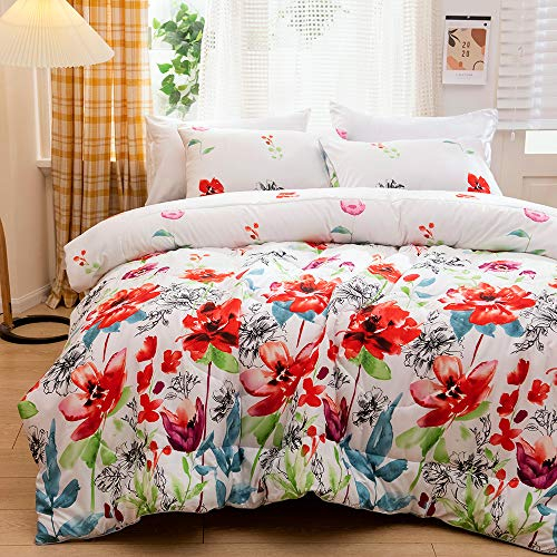 Bettdecke Bunt Ganz Jahres 200x220 Microfaser Blumen Muster 3teilig Set Atmungsaktive Zudecke Rot Floral Schlafdecke Sommerdecke Quilted Gesteppte Steppdecke Jahreszeitenbettdecke Winter Tagesdecke