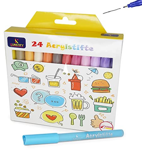 KUNSTIFY Acrylstifte - 24 Farben - 0,5mm - wasserfest - Marker Stifte - vielseitig anwendbar - Filzstift - für Kinder und Erwachsene
