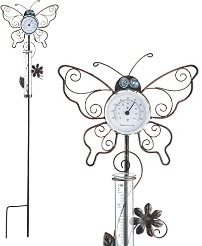 Butterfly Design Outdoor Thermometer & Rain Gauge – Rust-Proof Metal Decorative Garden Weather Tracking Station for Borders, Lawns, Plant Pots, Yards, Courtyards – Measures 80 x 18.5 x 11cm