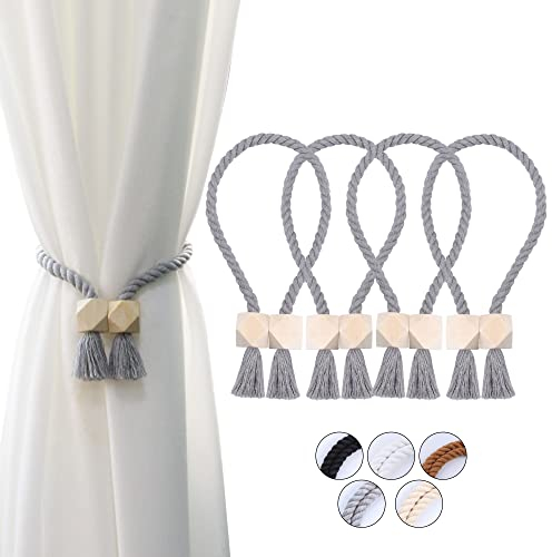 OCIOLI 4 Stück Starke Magnetische Vorhang-Raffhalter, Raffhalter für vorhänge, gardinen Raffhalter, Raffhalter magnetisch, handgewebt Raffhalter, Vorhang Raffhalter (grau, 4)