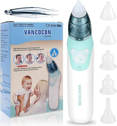 Fengyang® Aspirateur nasal pour bébé, aspirateur nasal, ventouse électrique pour bébé et élimination du cérumen, 5 buses réutilisables, silicone souple et lavable réutilisable