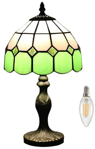 Kinbolas Lampe de table de style Tiffany,éclairage art déco,abat-jour en verre teinté fabriqué à la main,petite lampe de chevet,salon,lampe de table décorative méditerranéenne avec bases e(Color:vert)