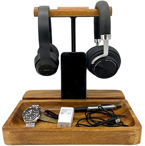 WRIGHTMART Supporto doppio per cuffie, in legno di acacia, con vassoio portaoggetti, supporto resistente per cuffie over-ear, cellulare, iPad, iPhone, compatibile con Bose, Beats, Sony, Sennheiser