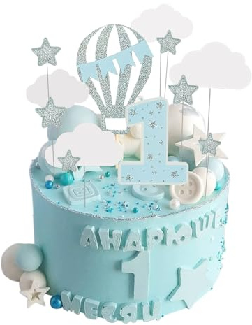 Tortenaufleger Zum 1. Geburtstag, 12 Stück 3D-Wolken-Kuchendekoration mit Heißluftballons, Heißluftballon-Kuchendekorationen für Den Ersten Geburtstag Eines Jungen (Blau)