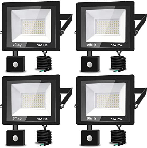 Proyector LED con sensor de movimiento 50 W, blanco cálido, 5000 lm, foco exterior 3500 K, iluminación IP66, impermeable, para jardín, garaje, patio y fábricas, estadios, 4 unidades