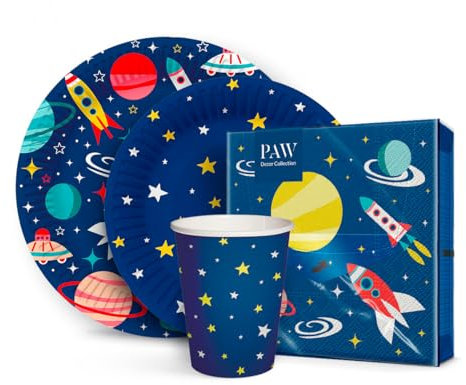 PAW - Vaisselle Jetable Anniversaire I Set de Fête pour 16 Personnes, 68 Pièces I 20 x Serviettes en Papier, 32 x Assiettes en Carton, 16 x Gobelets en Carton I Espace, Vaisseau Spatial, Étoiles