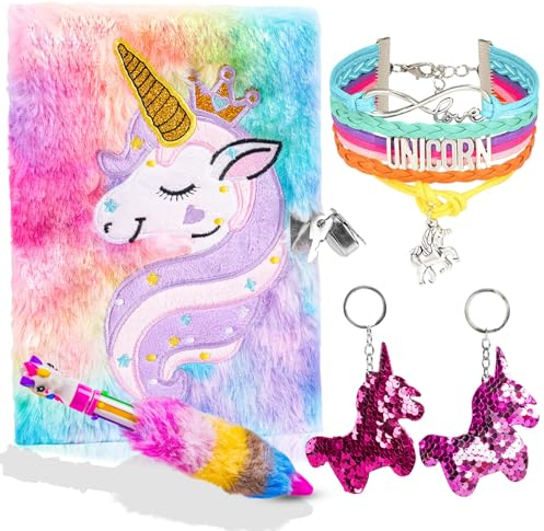 OFFCUP Einhorn Notizbuch mit Schloss, A5 Plüsch Notizbuch Einhorn Geheime Tagebuch Reise Notizblock für Mädchen Tagebücher Notizblöcke mit Kugelschreiber Armband Schlüsselanhänger Geschenk für Kinder