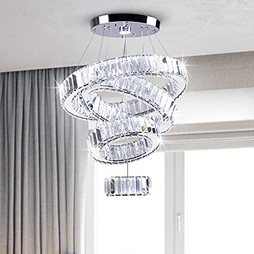 FRIXCHUR Moderner LED-Kristall-Kronleuchter 4 Ringe Pendelleuchte Verstellbare Edelstahl-Kronleuchter Deckenleuchte für Wohnzimmer Esszimmer Schlafzimmer (60W Kaltes Weiß)