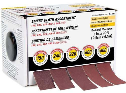 LotFancy Emery Cloth Roll, 5 Grits Sandpaper Assortment, 150 240 320 400 600 Grit Assorted Sand Paper with Dispenser, Wet Dry Sanding Paper for Wood, Metal, Plastic, 1 inch x 20ft per Roll